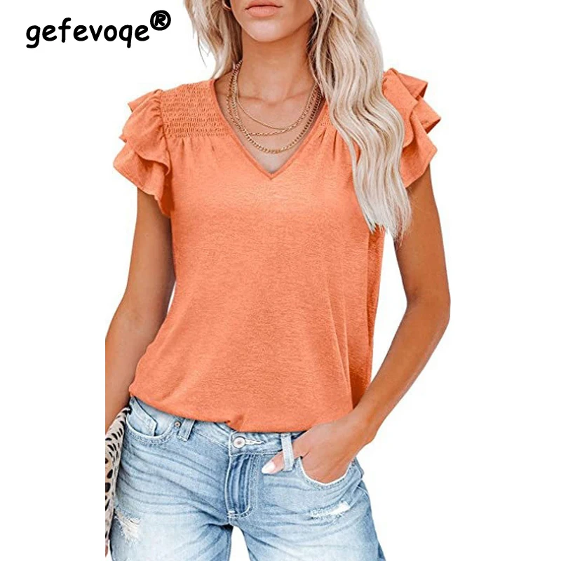 Women Summer Trendy Ruffle V Neck Short Sleeve Elegant Basic T Shirt Casual Streetwear Solid Loose Cotton Tops Y2K Ropa De Mujer
Women Summer Trendy Ruffle V Neck Short Sleeve Elegant Basic T Shirt Casual Streetwear Solid Loose Cotton Tops Y2K Ropa De Mujer
