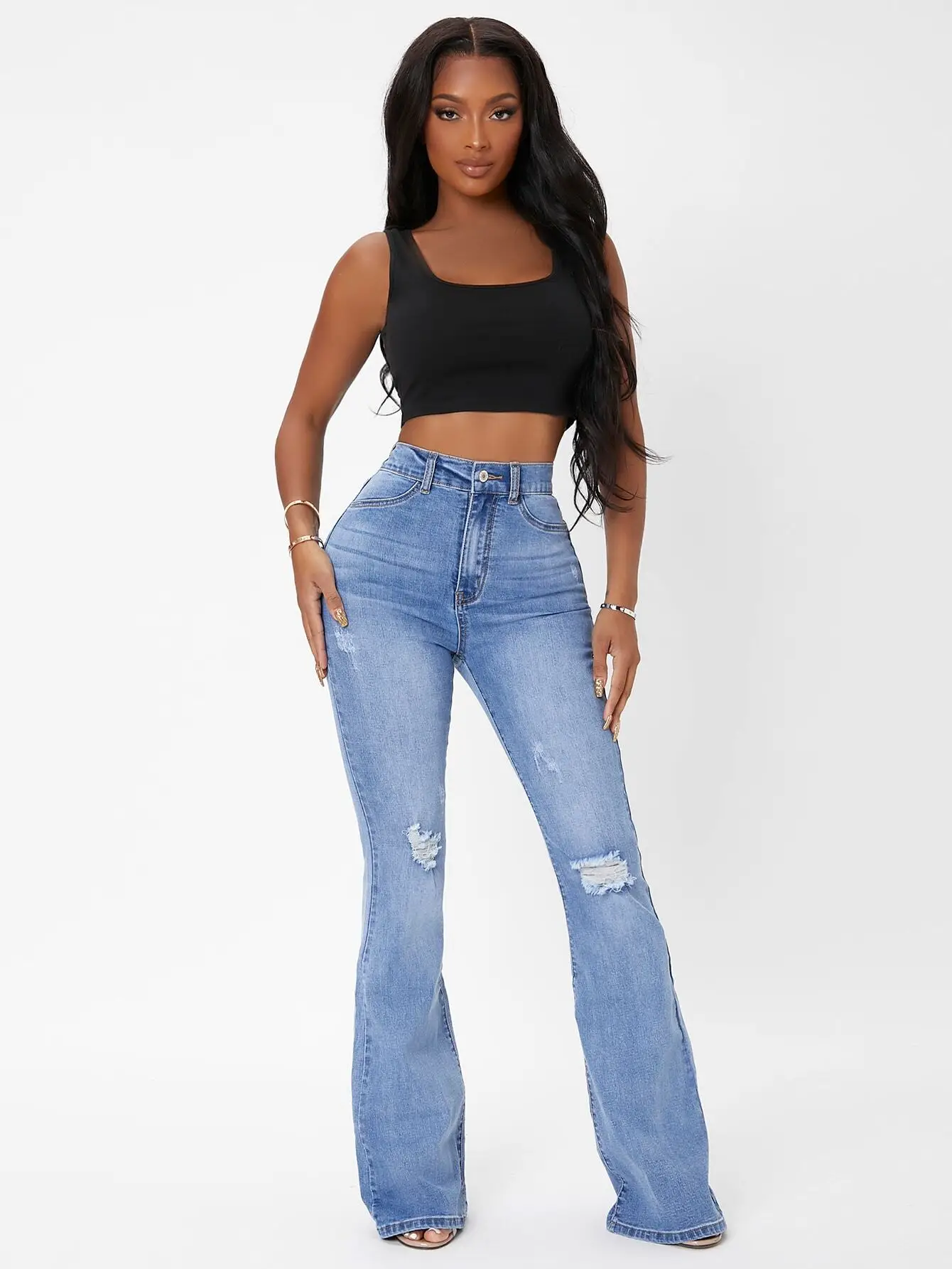 Women's High Waist Distressed Flare Jeans with Pockets, Casual Denim
Women's High Waist Distressed Flare Jeans with Pockets, Casual Denim