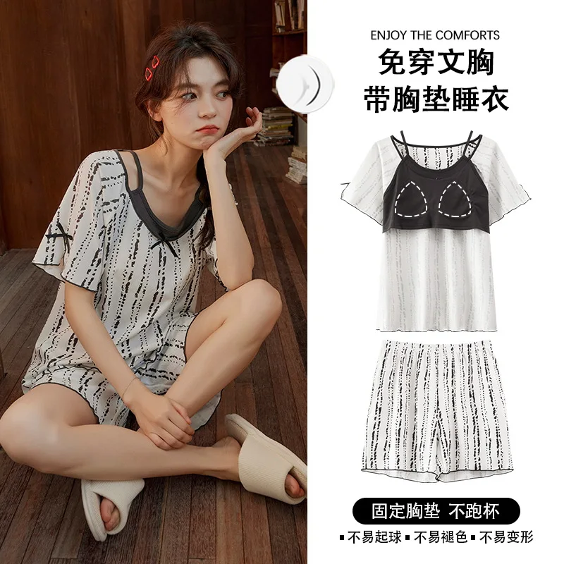 2025 New Fashion Sleepwear with Bra Pad For Women Summer Ice Silk Homewear Short Sleeping Top Pants Nightwear lingerie Mujer
2025 New Fashion Sleepwear with Bra Pad For Women Summer Ice Silk Homewear Short Sleeping Top Pants Nightwear lingerie Mujer