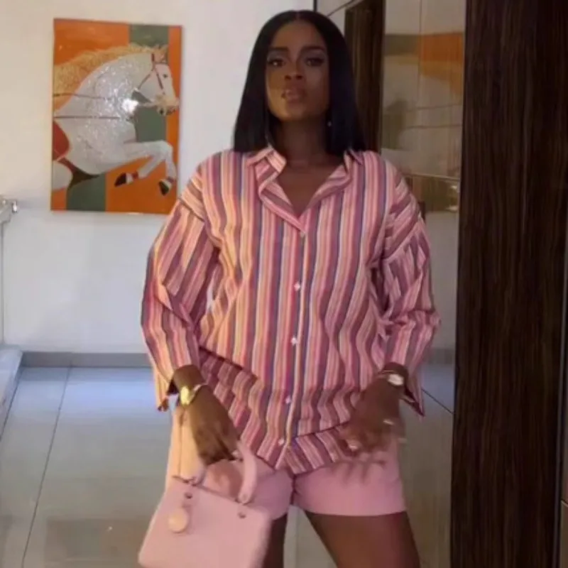 Women Striped 2 Piece Outfits Oversizes Elegant Loose Short Sleeve Button Shirt & Pink Shorts Casual African Fashion Summer Set
Women Striped 2 Piece Outfits Oversizes Elegant Loose Short Sleeve Button Shirt & Pink Shorts Casual African Fashion Summer Set