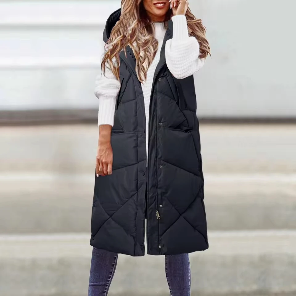 Womens Winter Sleeveless Coat Vest Long Hoodie Warm Down Coat With Pockets Quilted Outdoor Casual Loose Waistcoat For Female
Womens Winter Sleeveless Coat Vest Long Hoodie Warm Down Coat With Pockets Quilted Outdoor Casual Loose Waistcoat For Female