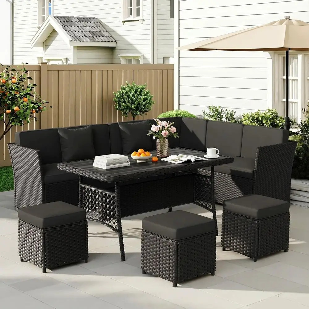 7-Piece Outdoor Wicker Patio Furniture Set with Dining Table, Chairs, and Ottoman in Black
7-Piece Outdoor Wicker Patio Furniture Set with Dining Table, Chairs, and Ottoman in Black
