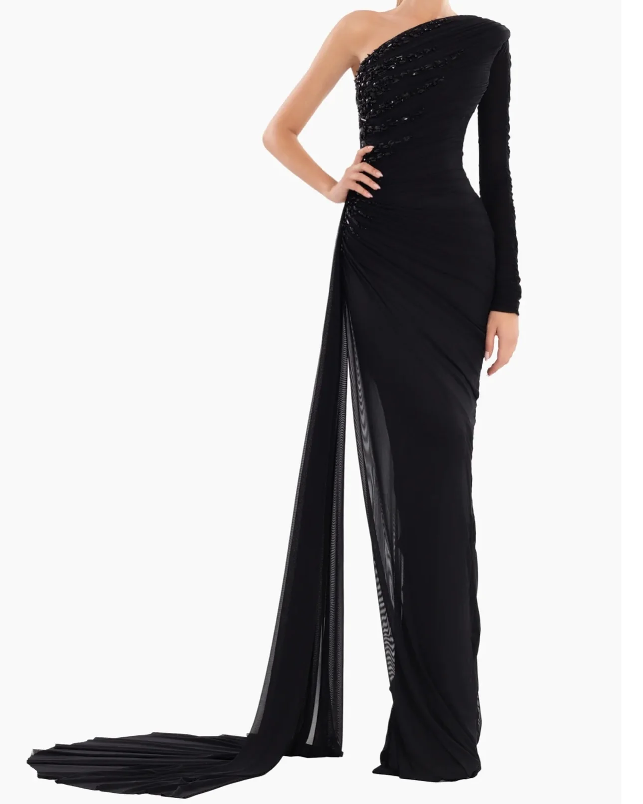 Customized Classic One Shoulder Long Sleeves Tulle Crystal Evening Dress Graceful Pleats Watteau Train Black Vestido De Festa
Customized Classic One Shoulder Long Sleeves Tulle Crystal Evening Dress Graceful Pleats Watteau Train Black Vestido De Festa