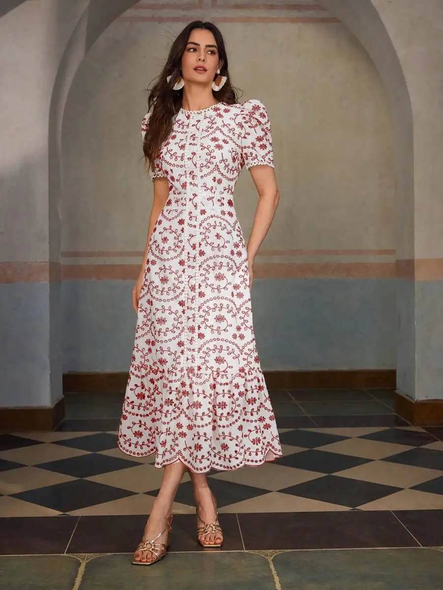 Short Sleeve Floral Embroidered Eyelet Long Dress For Women
Short Sleeve Floral Embroidered Eyelet Long Dress For Women