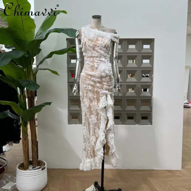 2025 Spring and Summer New Exquisite Temperament Slim-fitting Heavy Industry Lace Hollow Slanted Shoulder Slit Dress For Women
2025 Spring and Summer New Exquisite Temperament Slim-fitting Heavy Industry Lace Hollow Slanted Shoulder Slit Dress For Women