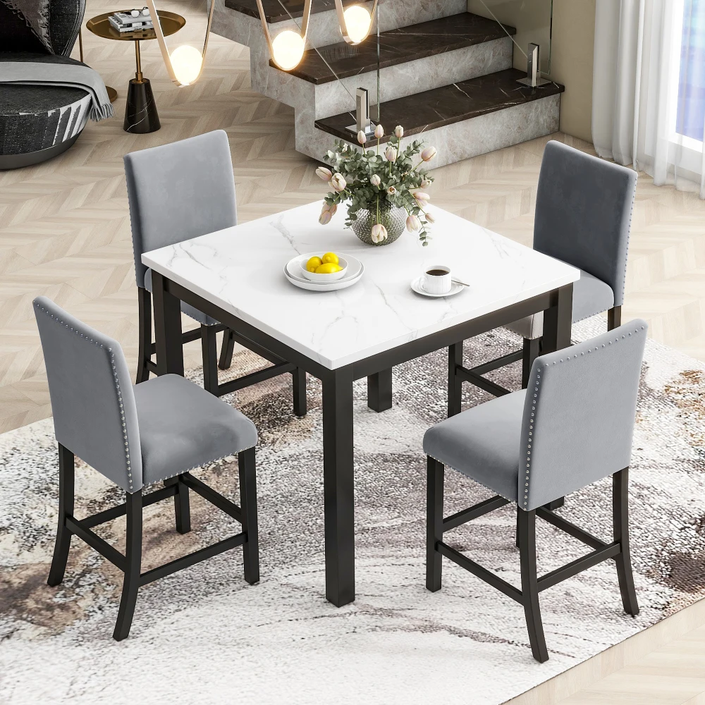 5-piece Counter Height Dining Table Set with One Faux Marble Top Dining Table and Four Velvet-Upholstered Chairs,Grey
5-piece Counter Height Dining Table Set with One Faux Marble Top Dining Table and Four Velvet-Upholstered Chairs,Grey