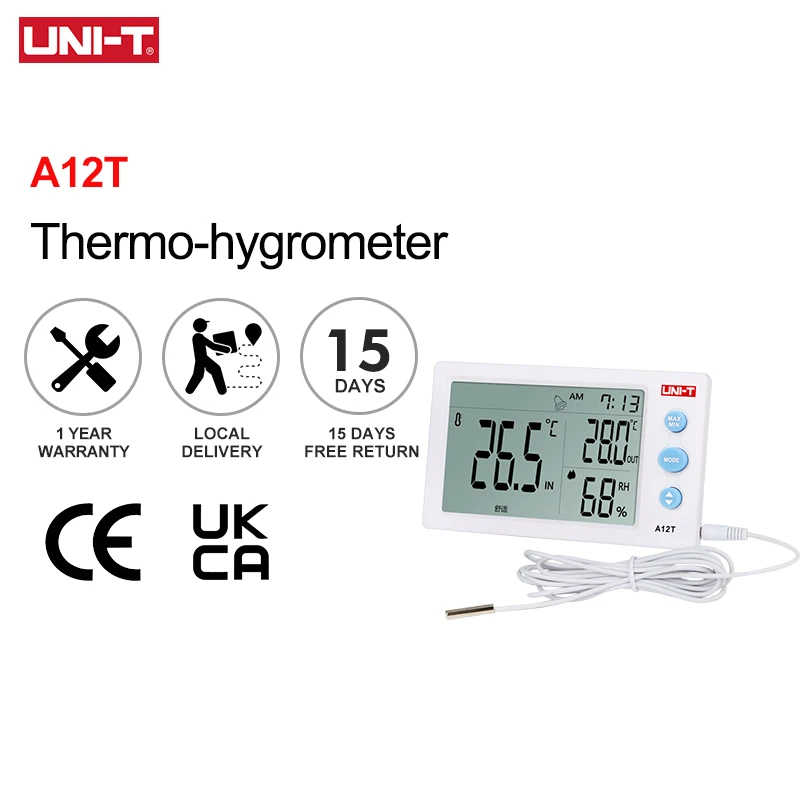 UNI-T A12T Digital LCD Thermometer Hygrometer temperature Humidity Meter Alarm Clock Weather Station Indoor Outdoor instrument
UNI-T A12T Digital LCD Thermometer Hygrometer temperature Humidity Meter Alarm Clock Weather Station Indoor Outdoor instrument