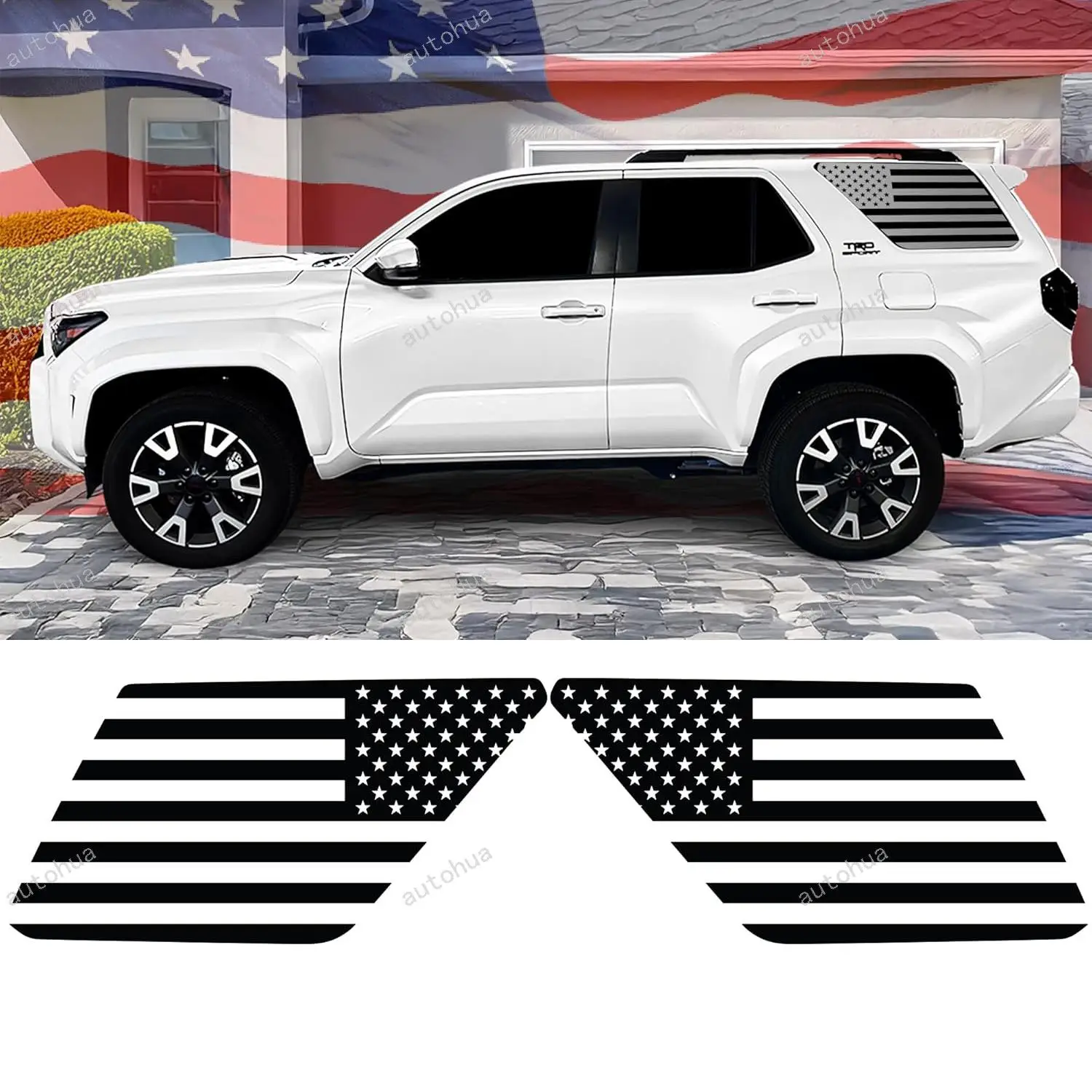 Предварительно вырезанная виниловая наклейка на окно с американским флагом, совместимая с Toyota 4Runner 2025-2026, матовый черный
Предварительно вырезанная виниловая наклейка на окно с американским флагом, совместимая с Toyota 4Runner 2025-2026, матовый черный