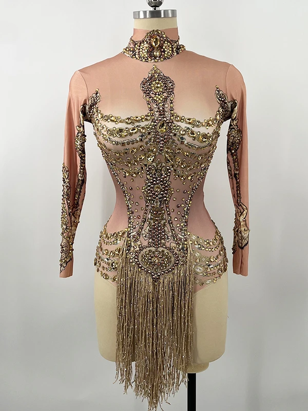 Sexy Gold Rhinestone Crystal Bodysuit Women Stretch Tassel Club Prom Drag Queen Costume Show Stage Wear Fringe Leotard Outfit
Sexy Gold Rhinestone Crystal Bodysuit Women Stretch Tassel Club Prom Drag Queen Costume Show Stage Wear Fringe Leotard Outfit