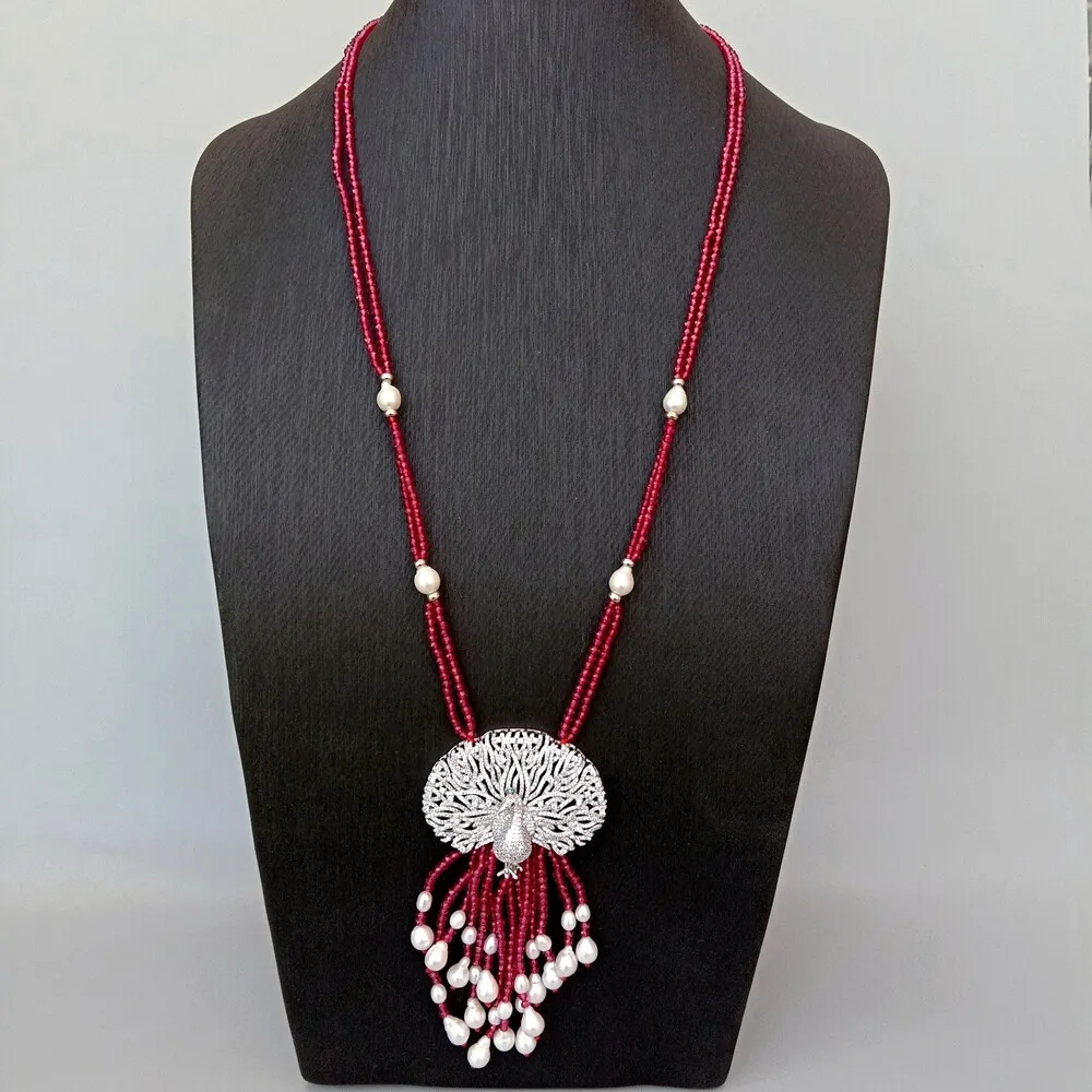 Cultured White Keshi Pearl Red Crystal Handmade Necklace Cz Pave Peacock Pendant
Cultured White Keshi Pearl Red Crystal Handmade Necklace Cz Pave Peacock Pendant
