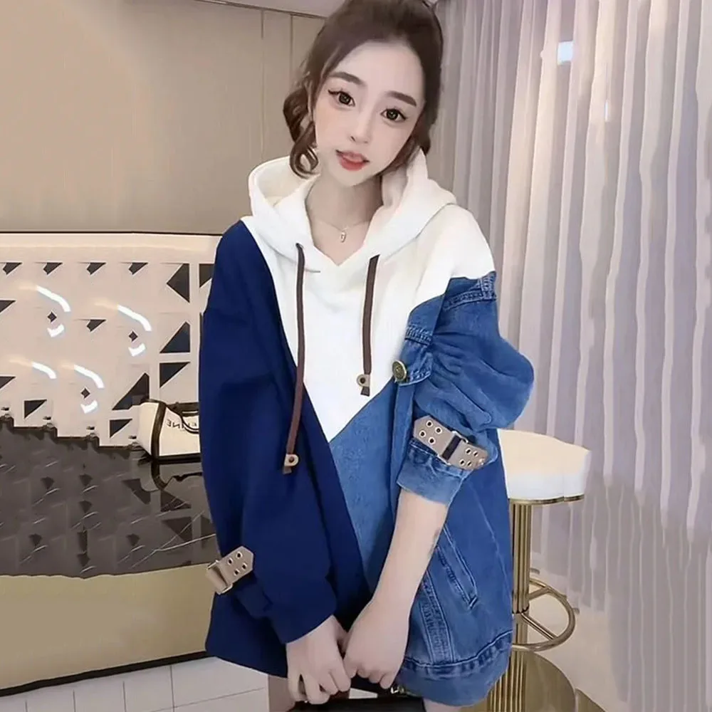 2024New European Station Hoodie Sweatshirts Women's Autumn/Winter Denim Patchwork Pullovers Female Loose Contrasting Street Tops
2024New European Station Hoodie Sweatshirts Women's Autumn/Winter Denim Patchwork Pullovers Female Loose Contrasting Street Tops