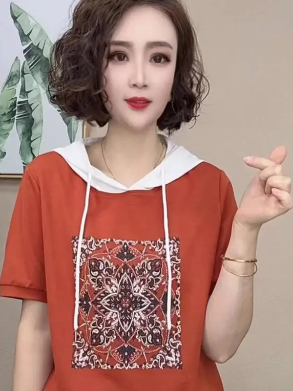 Fashionable Hooded Short Sleeve T-Shirt Women Summer New Style Versatile Belly Cover Slimming Mom Clothes Anti-Aging Top
Fashionable Hooded Short Sleeve T-Shirt Women Summer New Style Versatile Belly Cover Slimming Mom Clothes Anti-Aging Top