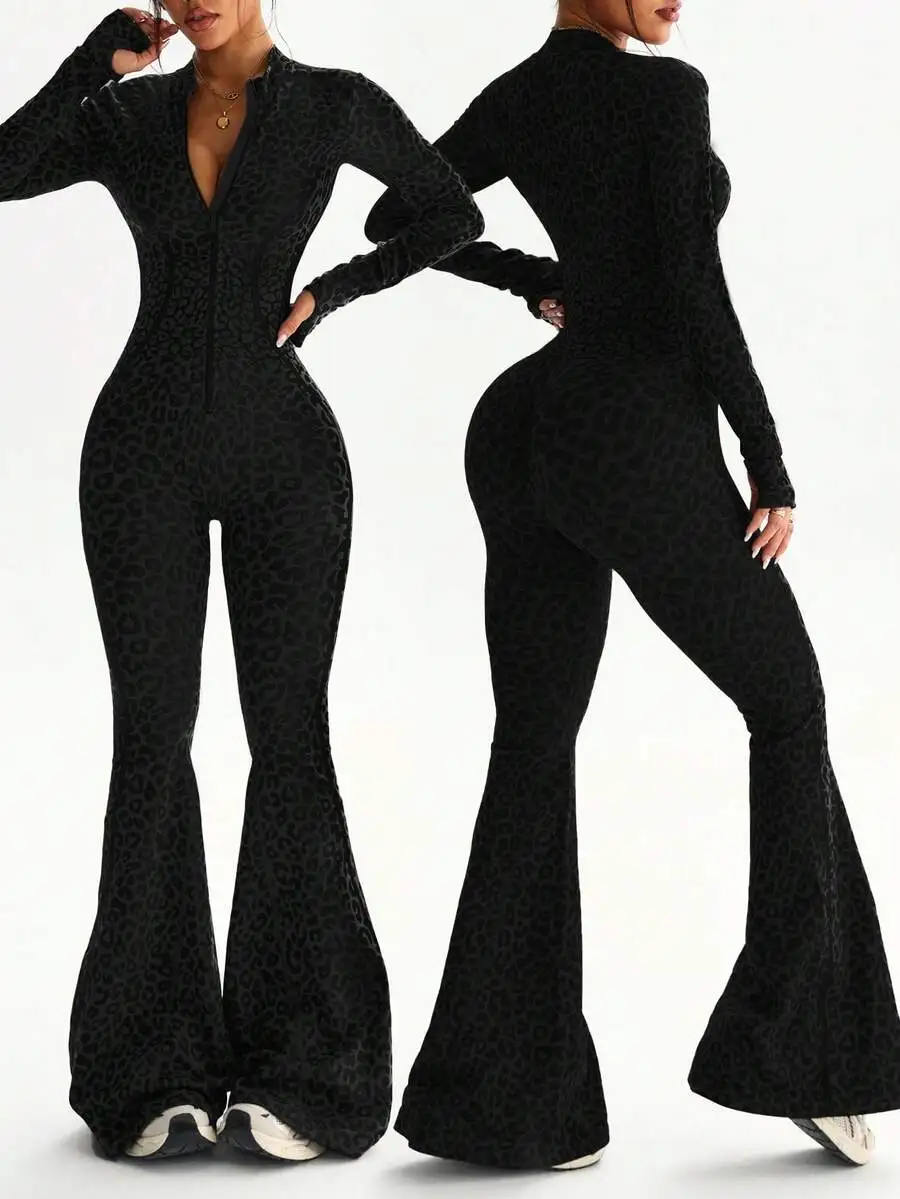 Women Seamless Leopard Print Mock Neck Front Zipper Long Sleeve Flared Jumpsuit High Waist Contour Gym Dance
Women Seamless Leopard Print Mock Neck Front Zipper Long Sleeve Flared Jumpsuit High Waist Contour Gym Dance