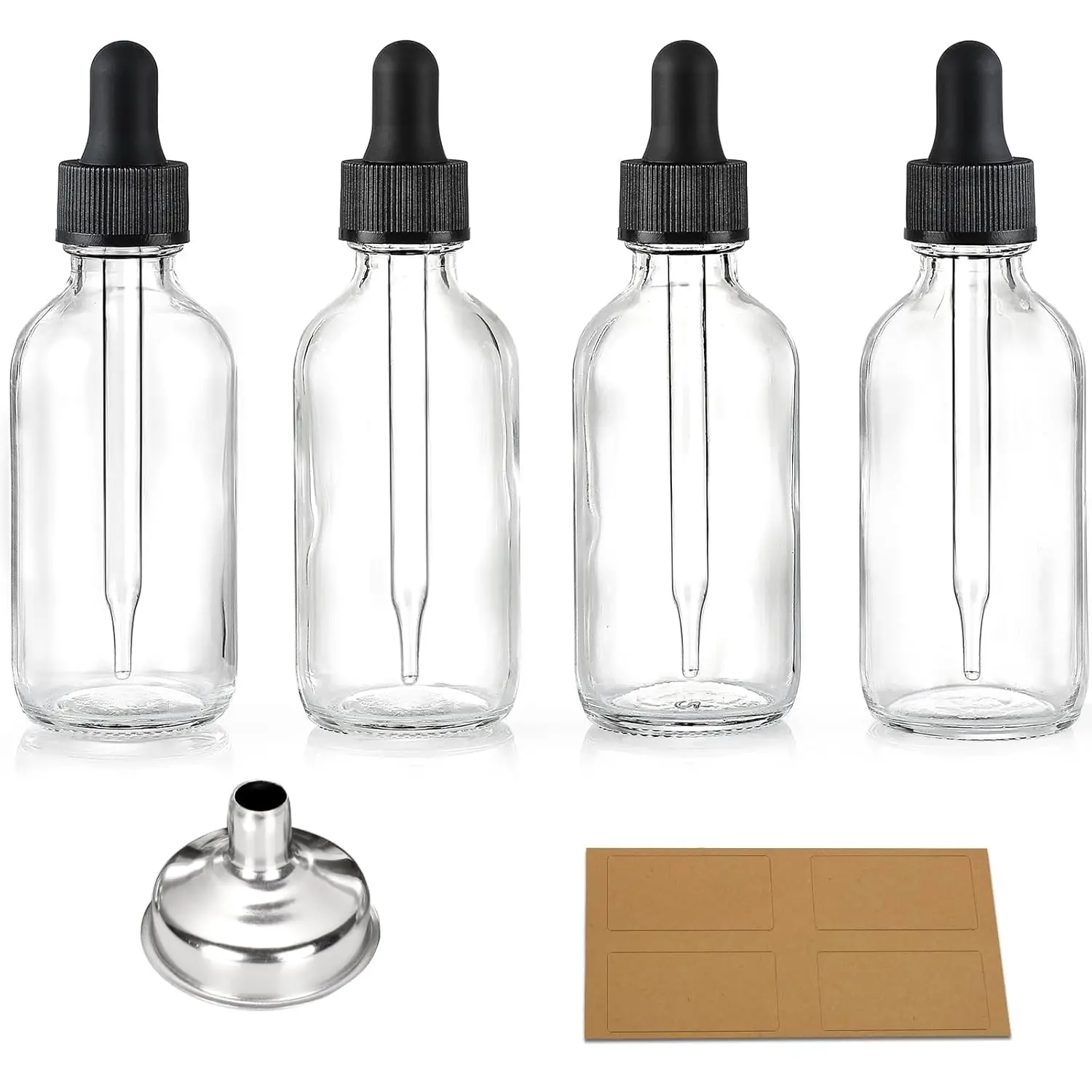 4 Pcs 2oz Clear Glass Eye Dropper Bottles with Black Caps, Stainless Steel Funnel & Labels - Leakproof for Essential Oils, Tinctures, Beauty
4 Pcs 2oz Clear Glass Eye Dropper Bottles with Black Caps, Stainless Steel Funnel & Labels - Leakproof for Essential Oils, Tinctures, Beauty