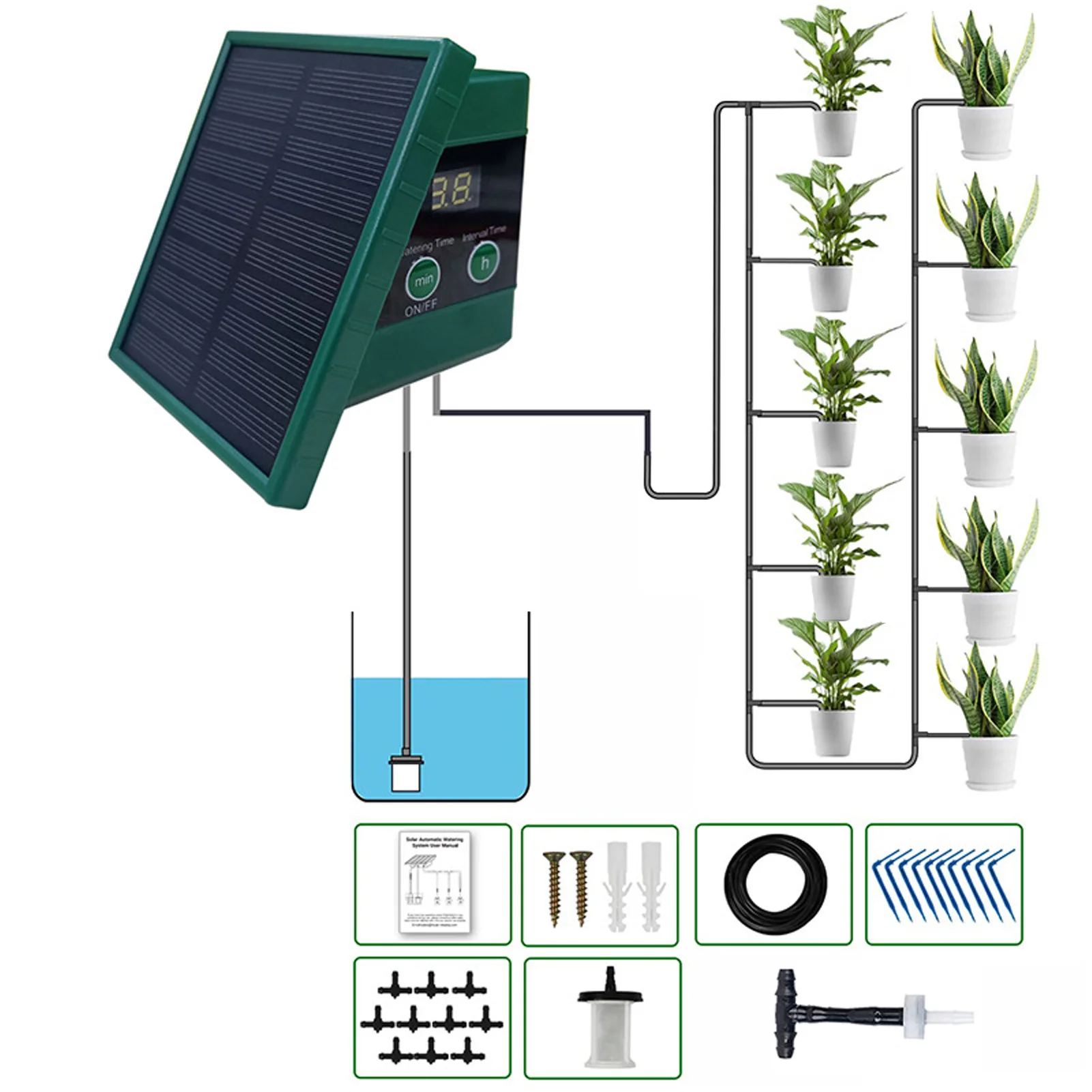 Solar Drip Irrigation Kit - Auto Watering System for 10 Potted Plants w/ 30x7 Timer, 33ft Pipe, Digital Display
Solar Drip Irrigation Kit - Auto Watering System for 10 Potted Plants w/ 30x7 Timer, 33ft Pipe, Digital Display