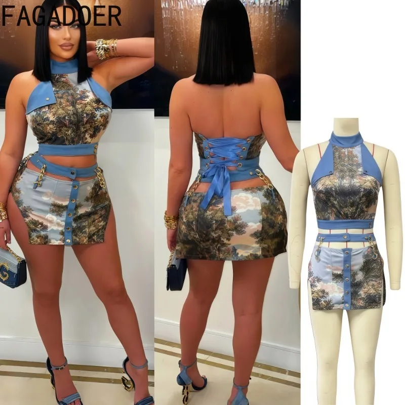 FAGADOER Sexy Pattern Printing 2 Pieces Set for Woman Halter Sleeveless Backless Tank Top + Skirt Matching Outfit Streetwear New
FAGADOER Sexy Pattern Printing 2 Pieces Set for Woman Halter Sleeveless Backless Tank Top + Skirt Matching Outfit Streetwear New