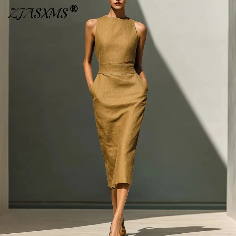 2026 Women Solid O Neck Long Dresses Elegant Sleeveless High Waist Sheath Dress Office Workwear Casual Summer Dress With Pockets
2026 Women Solid O Neck Long Dresses Elegant Sleeveless High Waist Sheath Dress Office Workwear Casual Summer Dress With Pockets