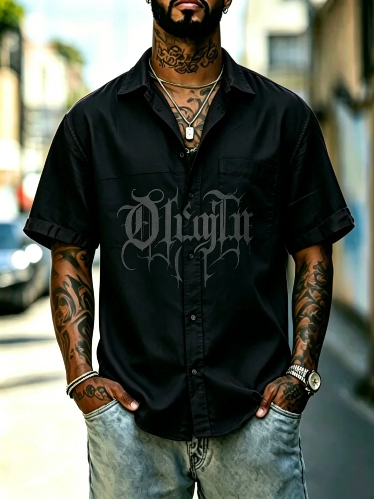 Men's Gothic Letter Print Short Sleeve Shirt With Chest Pocket, Loose Comfort Casual Button-Down Streetwear Top
Men's Gothic Letter Print Short Sleeve Shirt With Chest Pocket, Loose Comfort Casual Button-Down Streetwear Top