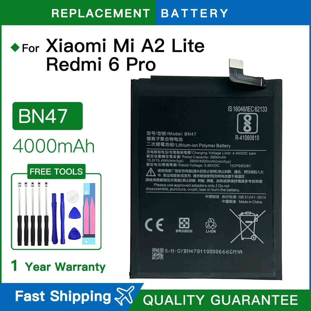 Brand new BN47 4000mAh BN47 Battery For Xiaomi Mi A2 Lite/Xiaomi Redmi 6 Pro High Quality Phone Batteries batteria +Free Tools
Brand new BN47 4000mAh BN47 Battery For Xiaomi Mi A2 Lite/Xiaomi Redmi 6 Pro High Quality Phone Batteries batteria +Free Tools