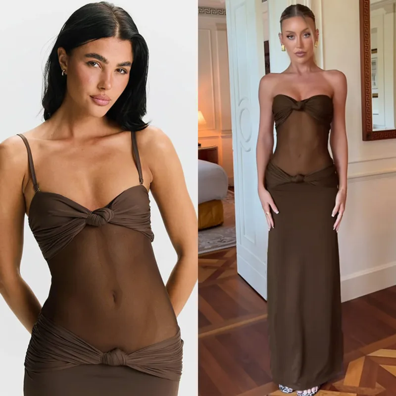 Women's Sexy Strapless Mesh Sheer Patchwork Maxi Dress Backless Knot Detail Long Bodycon Evening Party Gown For Club And Banquet
Women's Sexy Strapless Mesh Sheer Patchwork Maxi Dress Backless Knot Detail Long Bodycon Evening Party Gown For Club And Banquet
