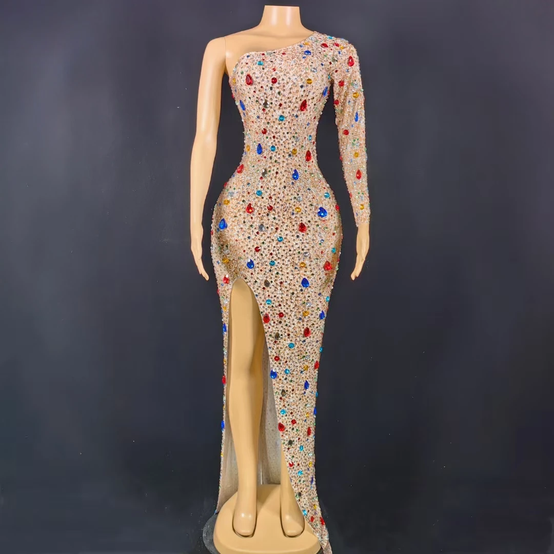 Sparkly Multi-color Diamonds Dress Classic Mesh High Slit Ball Gown Wedding Party Singer Dresses Summer Elegant Evening Dress
Sparkly Multi-color Diamonds Dress Classic Mesh High Slit Ball Gown Wedding Party Singer Dresses Summer Elegant Evening Dress