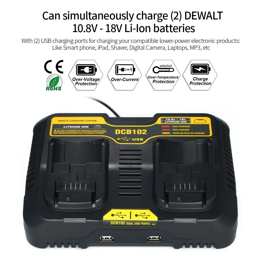 DCB102 Replacement Charger for 20-volt MAX Jobsite Charging Station Dual USB Ports Dewalt Battery Charger Tools
DCB102 Replacement Charger for 20-volt MAX Jobsite Charging Station Dual USB Ports Dewalt Battery Charger Tools