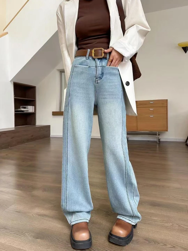 Blue Fleece Lined Thick Wide Leg Jeans Women's High Waist Loose Slim Straight Floor Length Pants Autumn Winter Fashion Ladies
Blue Fleece Lined Thick Wide Leg Jeans Women's High Waist Loose Slim Straight Floor Length Pants Autumn Winter Fashion Ladies