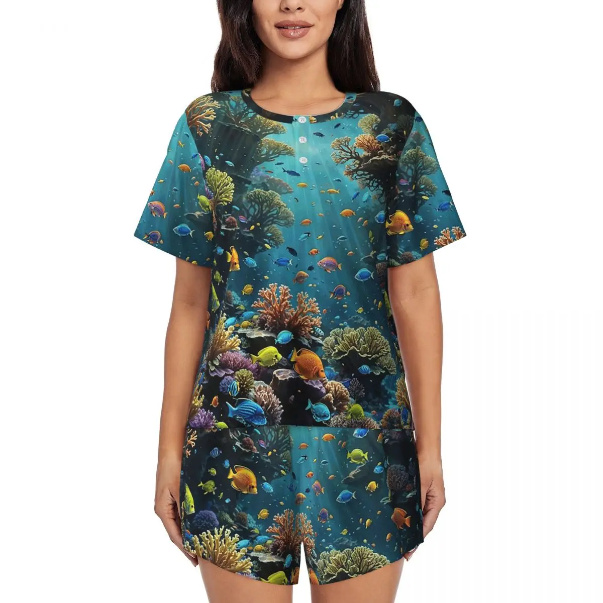 Underwater Coral Reef Fish Round Neck Short Sleeves Nightdress for Sleeping Sleepshirts Women Loose Pajama Set Short Pants
Underwater Coral Reef Fish Round Neck Short Sleeves Nightdress for Sleeping Sleepshirts Women Loose Pajama Set Short Pants