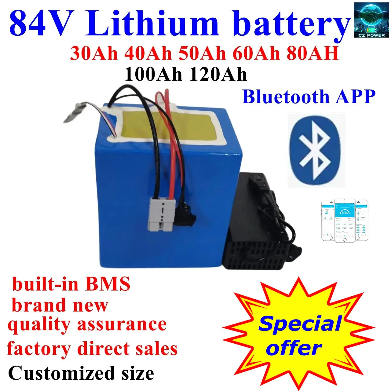 CZ-Batterie lithium-ion 84V, 50Ah, 30Ah, 100Ah, 60Ah, 80Ah, avec Bluetooth BMS, pour moto 5000W, voiturette de golf, charger 10A
CZ-Batterie lithium-ion 84V, 50Ah, 30Ah, 100Ah, 60Ah, 80Ah, avec Bluetooth BMS, pour moto 5000W, voiturette de golf, charger 10A