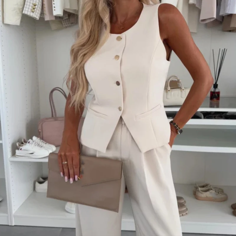 Casual Sleeveless Commuter Outfit Fashion Single-breasted Vest Top & Long Pant Suit Women Elegant Pocket Solid Straight 2Pc Set
Casual Sleeveless Commuter Outfit Fashion Single-breasted Vest Top & Long Pant Suit Women Elegant Pocket Solid Straight 2Pc Set