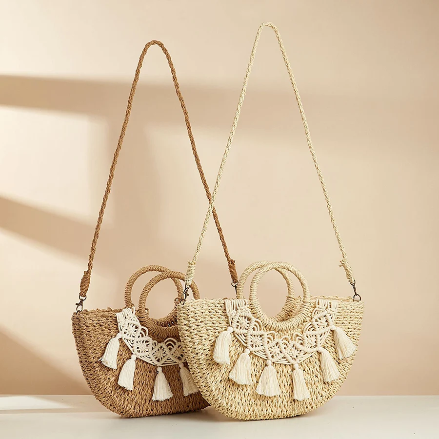 Handmade Half-Round Rattan Woven Straw Bag Summer Women Tassels Messenger Crossbody Bags Girls Small Beach Handbag Clutch Purse
Handmade Half-Round Rattan Woven Straw Bag Summer Women Tassels Messenger Crossbody Bags Girls Small Beach Handbag Clutch Purse