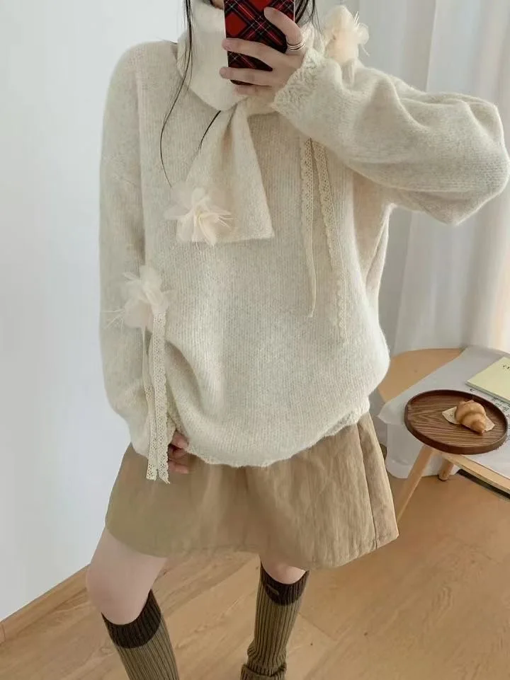 New Korean Style Three-dimensional Flower Lace Loose Atmosphere High-end Designed Knitted Warm Sweater and Scarf for Women
New Korean Style Three-dimensional Flower Lace Loose Atmosphere High-end Designed Knitted Warm Sweater and Scarf for Women