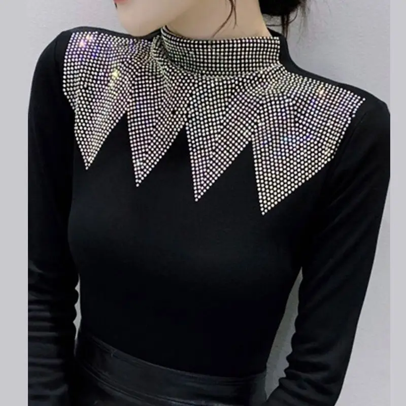 2023 New Black Underlay Shirt Women's Half High Collar Panel Hot Diamond T-shirt Women's Long Sleeve Top Slim Fit Inner Shirt
2023 New Black Underlay Shirt Women's Half High Collar Panel Hot Diamond T-shirt Women's Long Sleeve Top Slim Fit Inner Shirt