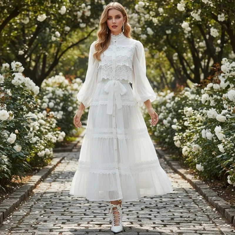 FL Hollow Out Women's Long Dresses Lantern Sleeves Lace Up Pearl Single Breasted Dress Spring Summer Female Solid Robe 2026
FL Hollow Out Women's Long Dresses Lantern Sleeves Lace Up Pearl Single Breasted Dress Spring Summer Female Solid Robe 2026