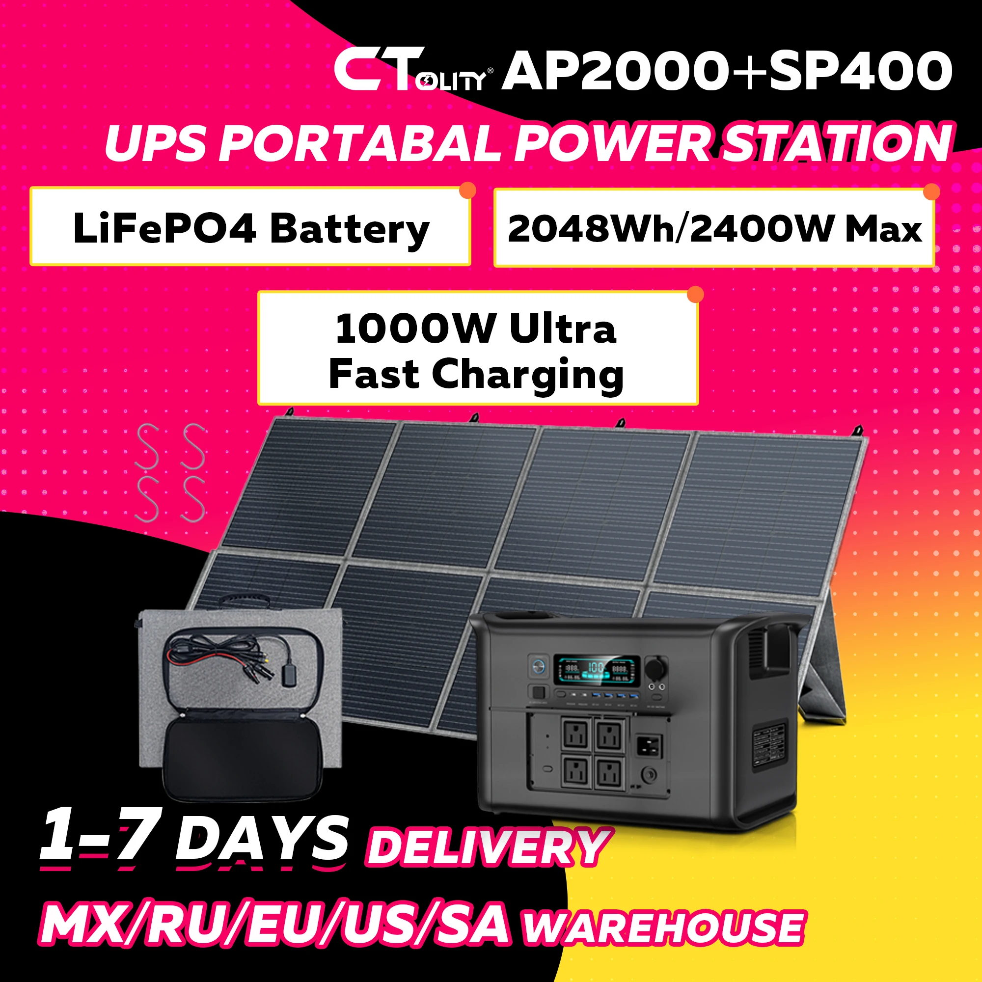 Портативный солнечный генератор CTOLITY 2400W 2048WH с LiFePO4 аккумулятором, ИБП, электростанция для дома, улицы, автофургона, кемпинга, с солнечной панелью 400W
Портативный солнечный генератор CTOLITY 2400W 2048WH с LiFePO4 аккумулятором, ИБП, электростанция для дома, улицы, автофургона, кемпинга, с солнечной панелью 400W