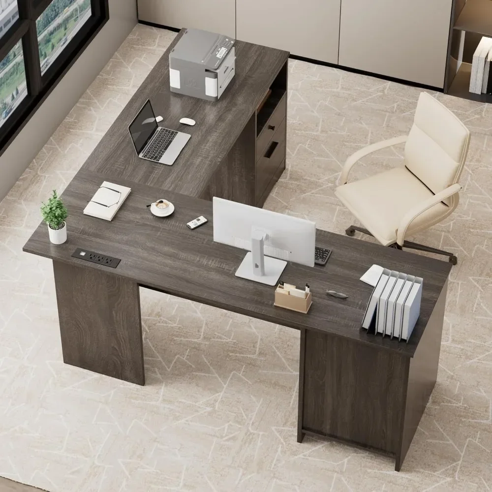 60 Inch L-Shaped Computer Desk - File Drawer, Storage Cabinet & Power Outlets Home Office Workstation | Customized