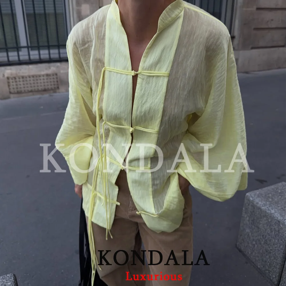 KONDALA Vintage Butter Yellow Chinese Style Shirts Long Sleeve Bow Tie Oversized Transparent Blouse Fashion 2026 Holiday Outwear
KONDALA Vintage Butter Yellow Chinese Style Shirts Long Sleeve Bow Tie Oversized Transparent Blouse Fashion 2026 Holiday Outwear