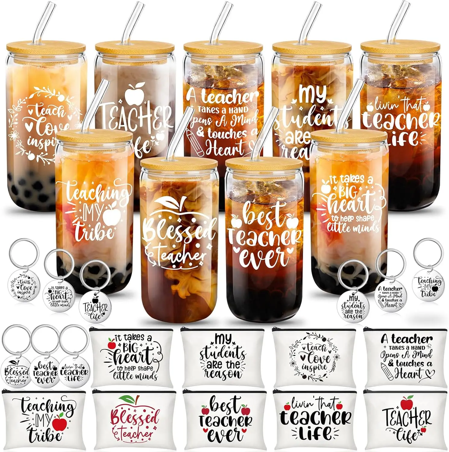 27 Pcs Teacher Appreciation Gift Set 9 Glass Cups with Bamboo Lids and Straws 9 Rainbow Makeup Bags 9 Keychains
27 Pcs Teacher Appreciation Gift Set 9 Glass Cups with Bamboo Lids and Straws 9 Rainbow Makeup Bags 9 Keychains