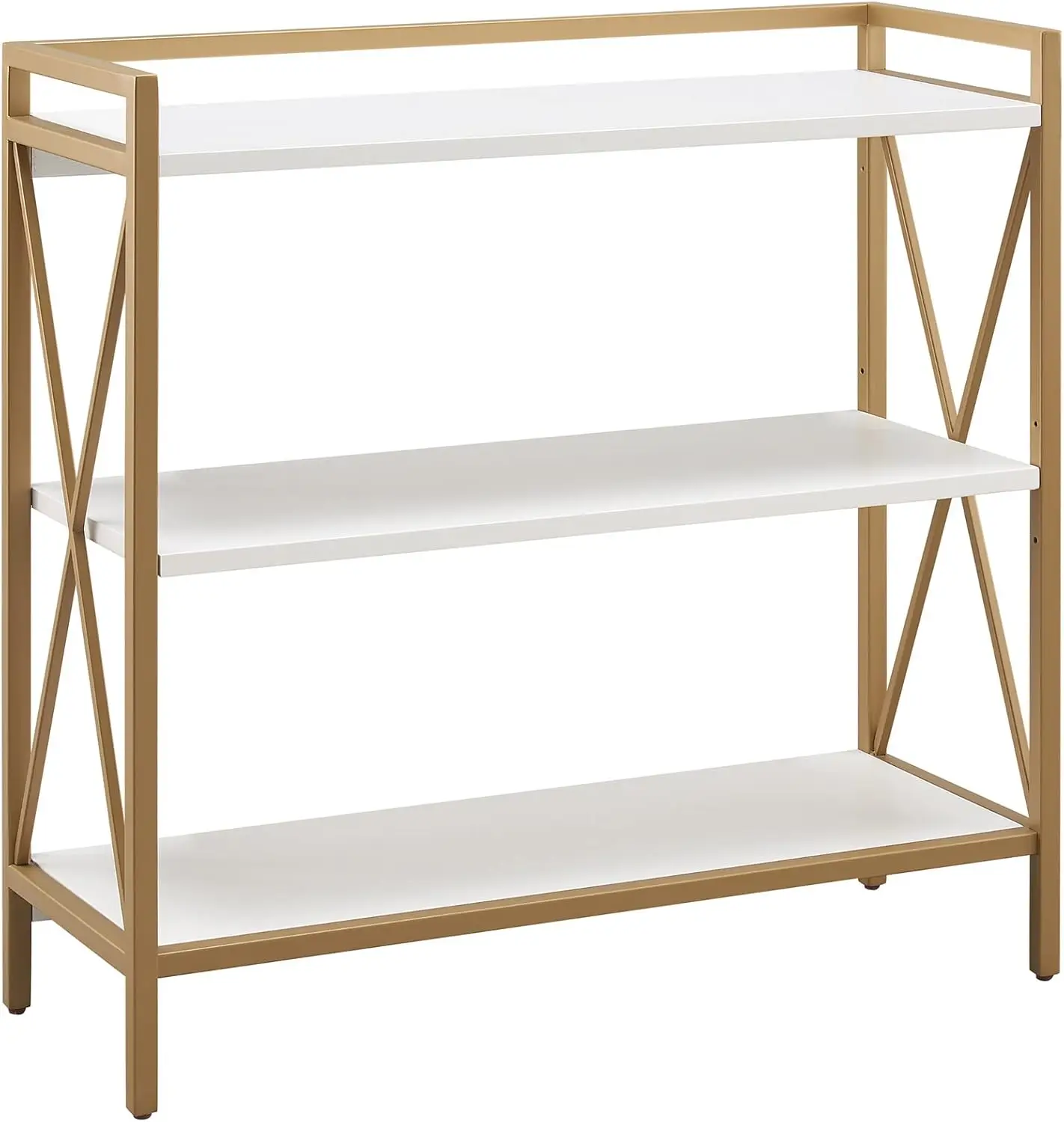 Claudette Bookshelf, White Wood, Satin Gold, 3 Shelves, Easy Assembly, 12 in D x 32 in W x 32.25 in H, Item 9261-WTGL
Claudette Bookshelf, White Wood, Satin Gold, 3 Shelves, Easy Assembly, 12 in D x 32 in W x 32.25 in H, Item 9261-WTGL