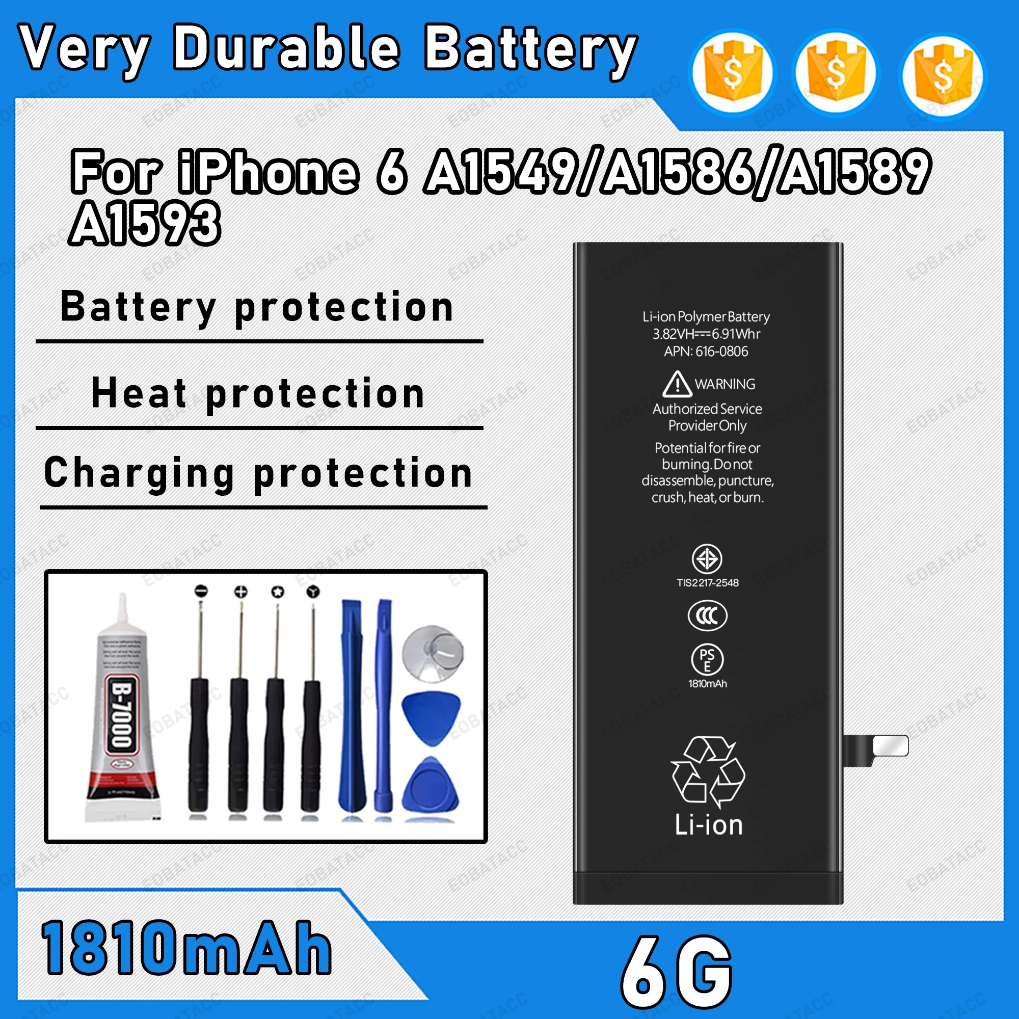 100% 0 Cycle High Capacity Battery For iPhone 6/A1549/A1586/A1589 Phone Bateria + Free Tool Kit
100% 0 Cycle High Capacity Battery For iPhone 6/A1549/A1586/A1589 Phone Bateria + Free Tool Kit