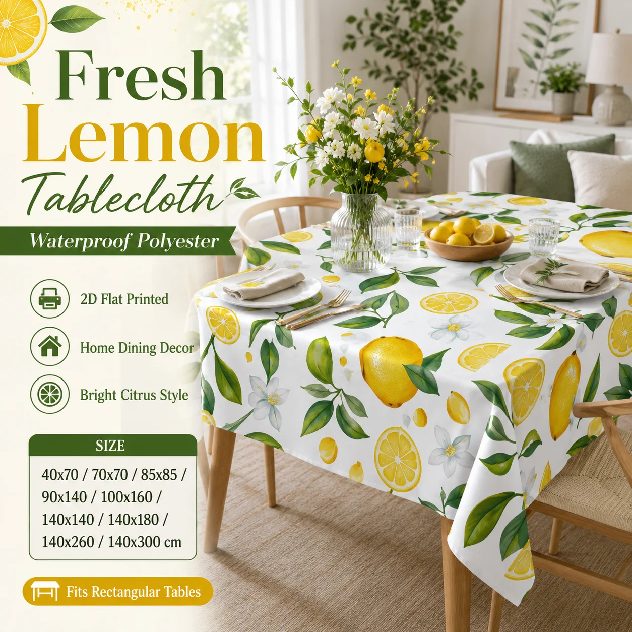 Bright Citrus Lemon Tablecloth 2D Flat Printed Waterproof Polyester Table Cover For Modern Home Decor Kitchen Dining Party
Bright Citrus Lemon Tablecloth 2D Flat Printed Waterproof Polyester Table Cover For Modern Home Decor Kitchen Dining Party