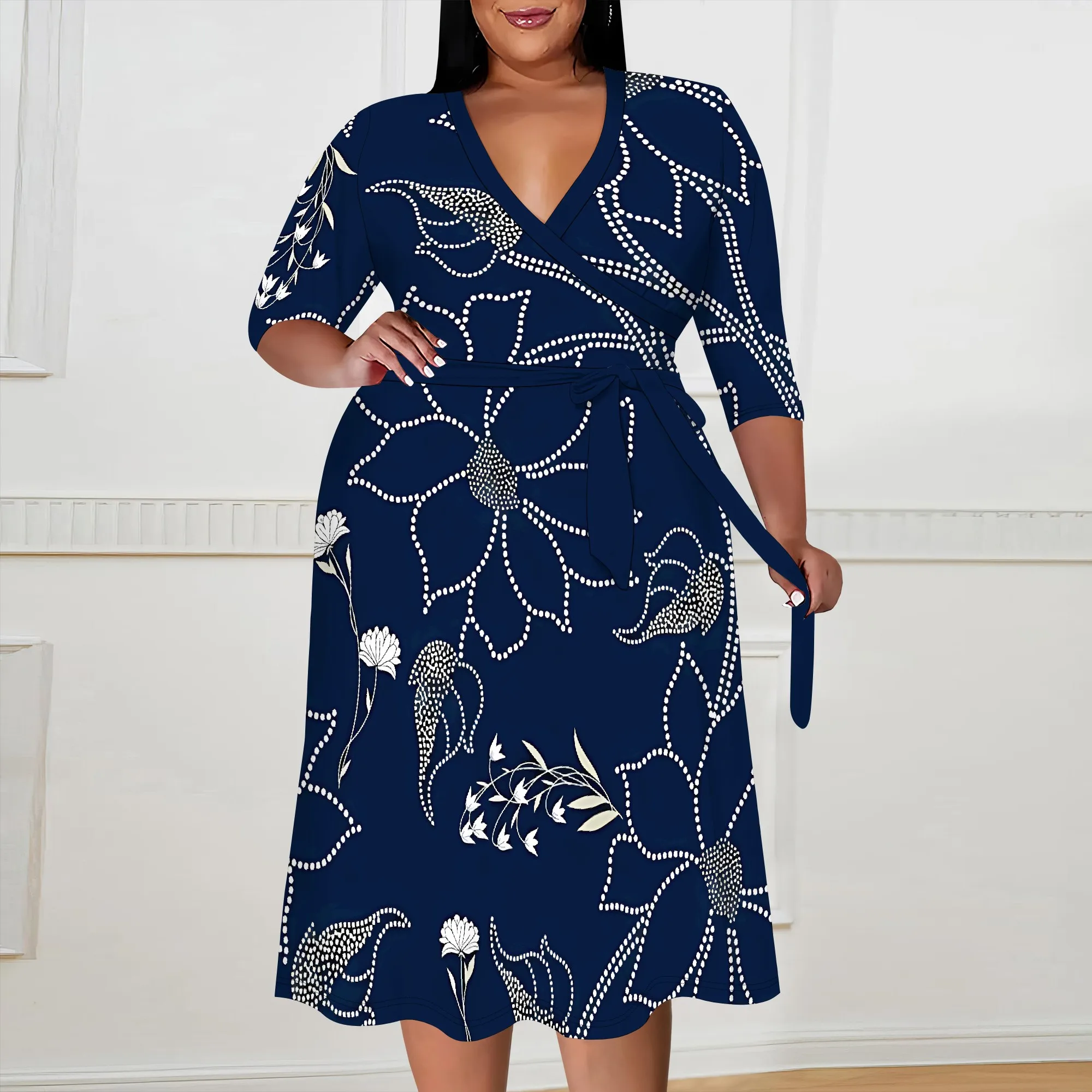 Nupusa Plus Size Navy Blue V-Neck Floral Midi Dress, 3/4 Sleeve Wrap Style with Belt Elegant Summer Dress
Nupusa Plus Size Navy Blue V-Neck Floral Midi Dress, 3/4 Sleeve Wrap Style with Belt Elegant Summer Dress