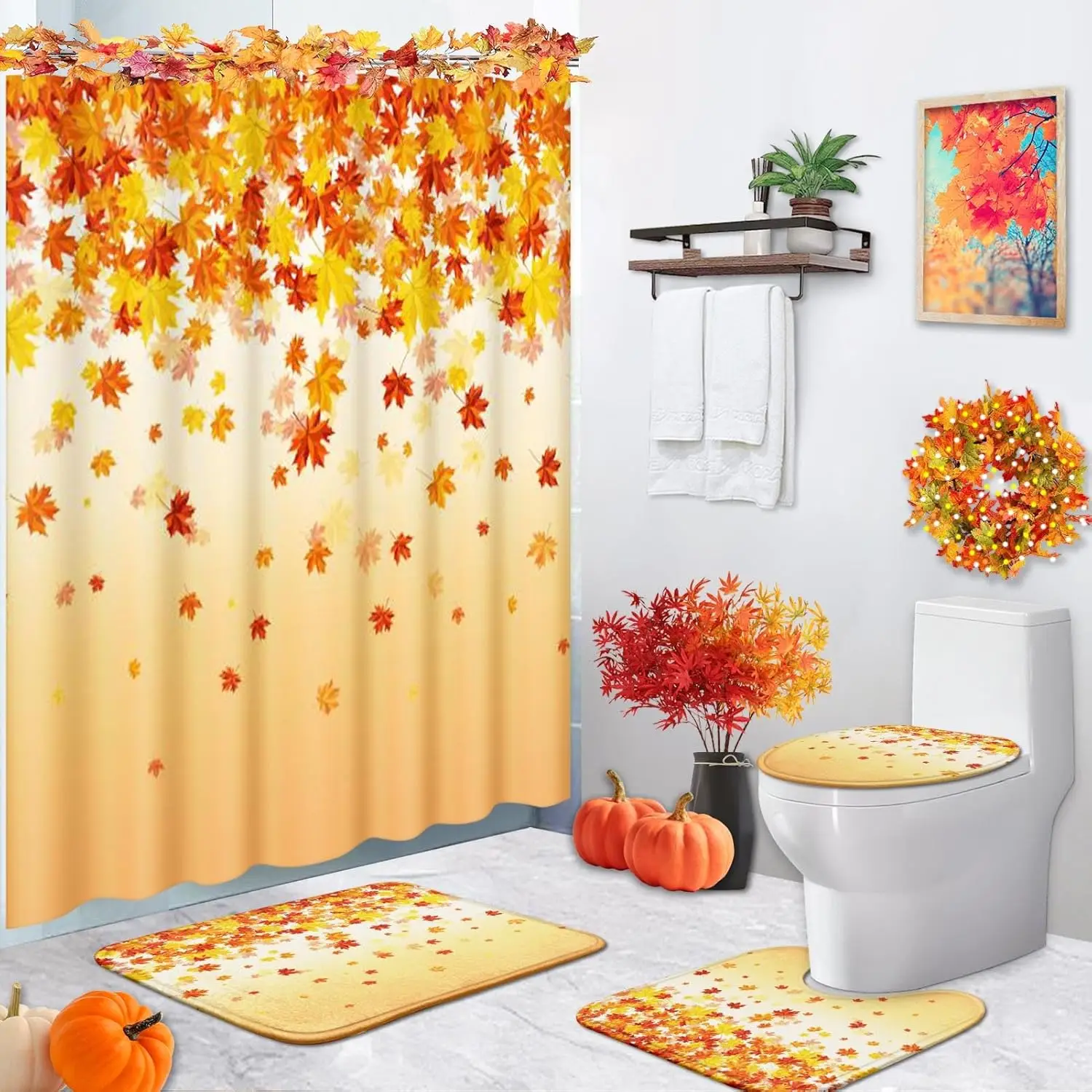4Pc Shower Curtain Sets, Autumn Leaves Leaf Waterproof Bathroom Sets with Non-Slip Rugs, Toilet Lid Cover and Bath Mat, 12 Hooks
4Pc Shower Curtain Sets, Autumn Leaves Leaf Waterproof Bathroom Sets with Non-Slip Rugs, Toilet Lid Cover and Bath Mat, 12 Hooks