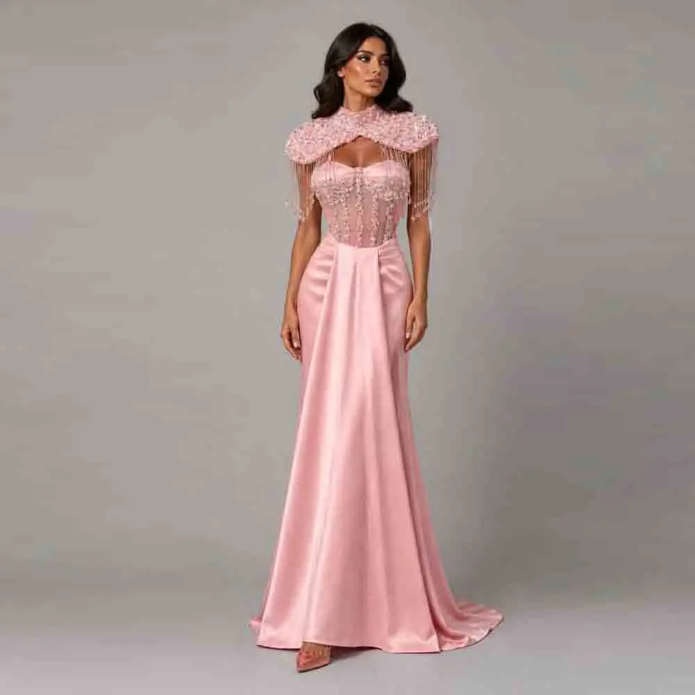 Customized Pink Evening Dress with Short Cape Beading Tassel Emebllished Wedding Party Gown Mermaid Prom Gown with Wrap
Customized Pink Evening Dress with Short Cape Beading Tassel Emebllished Wedding Party Gown Mermaid Prom Gown with Wrap