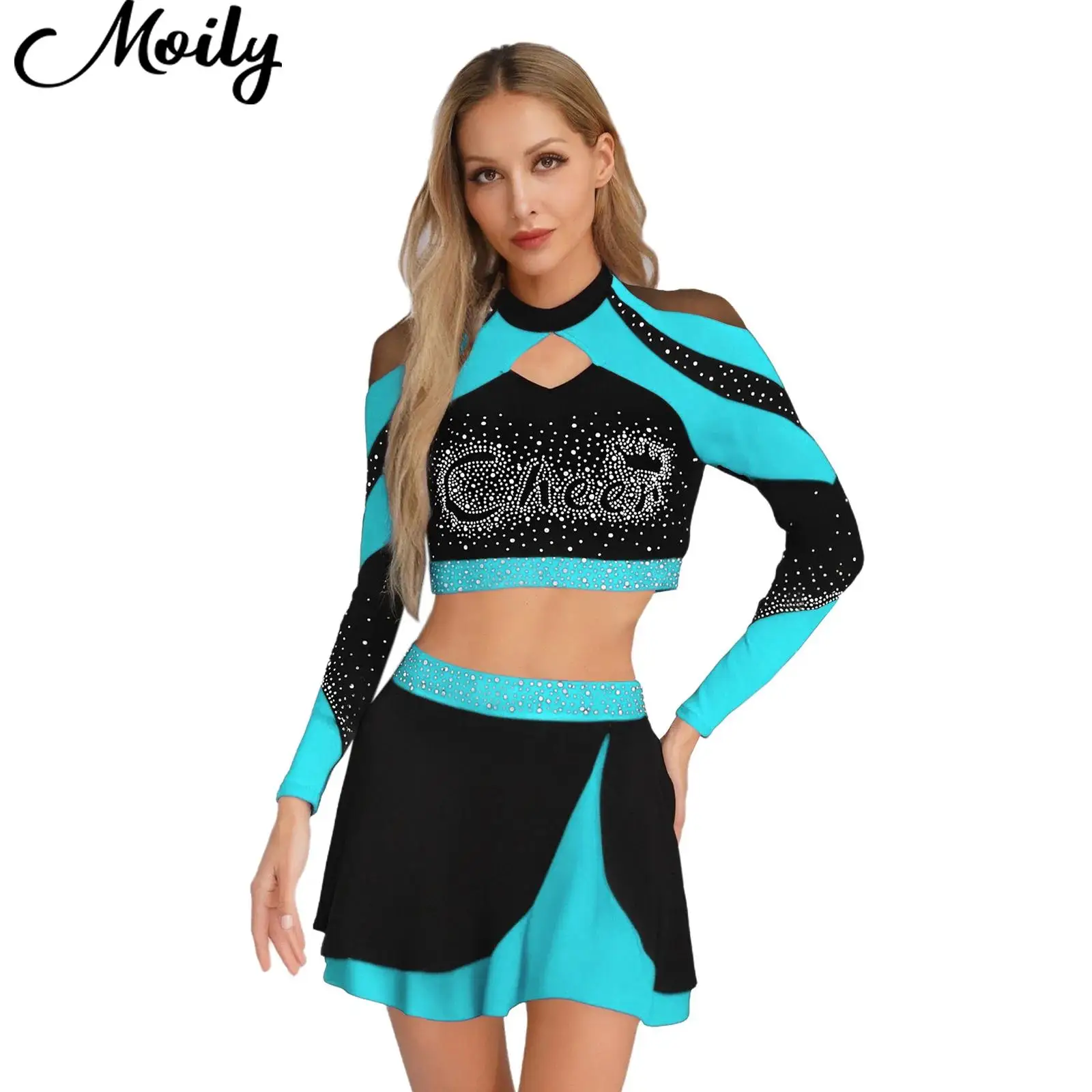 Womens Cheerleading Dance Outfit Modern Dance Performance Costume Long Sleeve Rhinestone Crop Top with Skirts for Birthday Party
Womens Cheerleading Dance Outfit Modern Dance Performance Costume Long Sleeve Rhinestone Crop Top with Skirts for Birthday Party