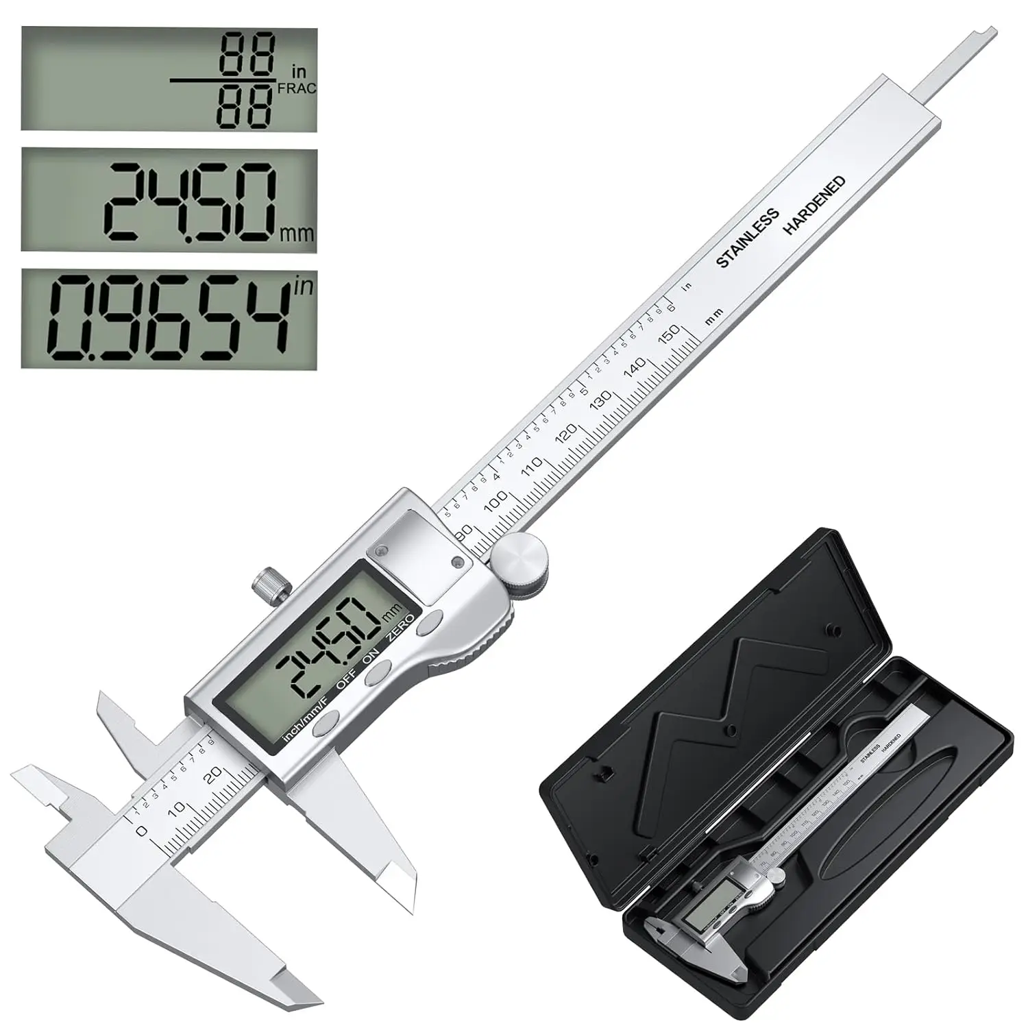 6" Digital Stainless Caliper: Large LCD Screen, Auto-Off, Splash-Proof, Converts Inch/Metric/Fraction (150-200mm)