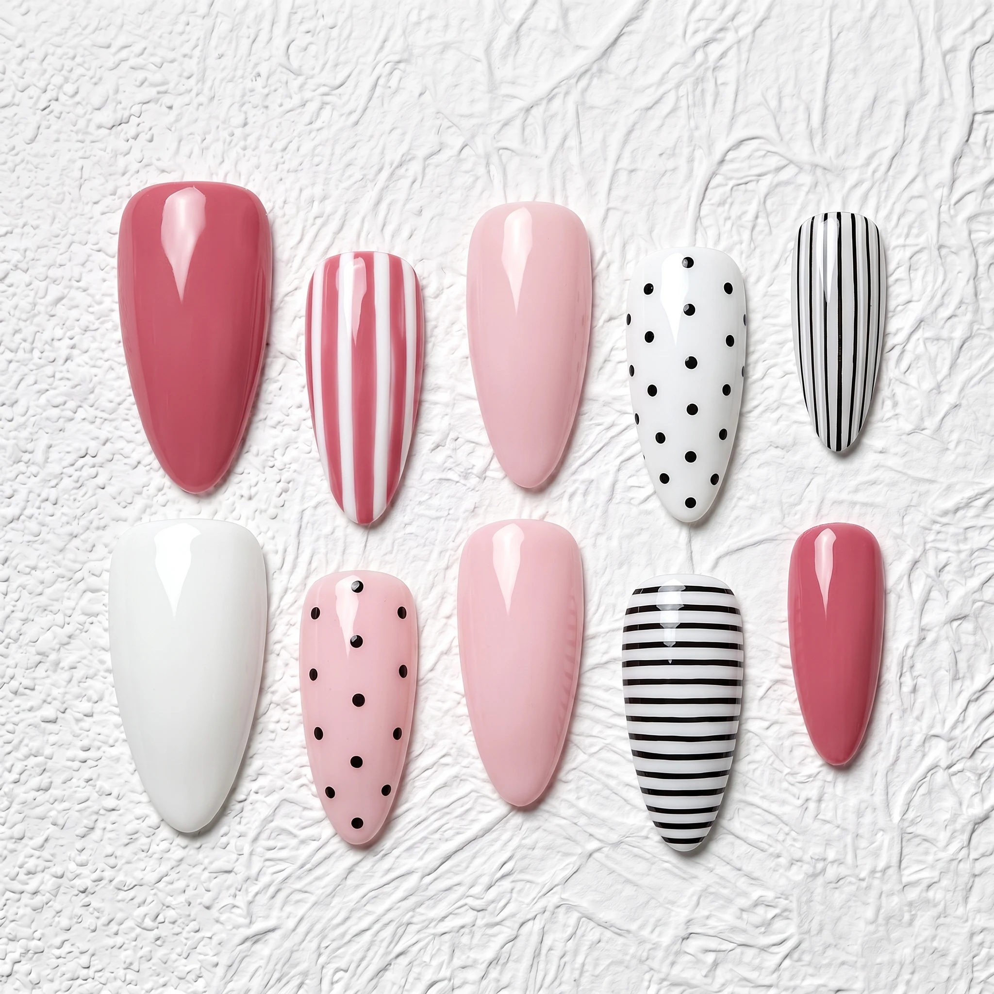 Artisan Handcrafted 10PCS Elegant Playful Almond Press-On Nails | Pink Polka Dots, Stripes, Solid Shades | Party & Date Night
Artisan Handcrafted 10PCS Elegant Playful Almond Press-On Nails | Pink Polka Dots, Stripes, Solid Shades | Party & Date Night