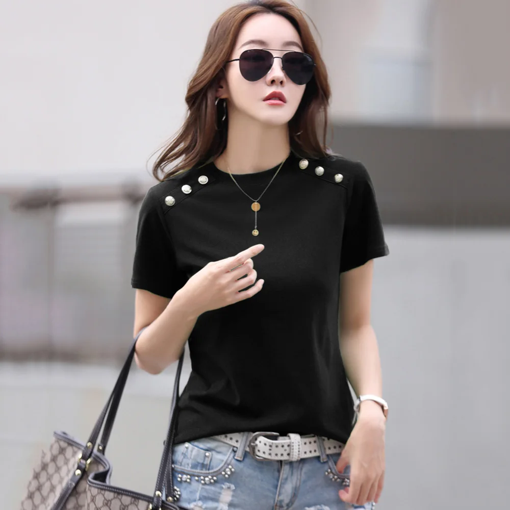 New Women Simplicity Cotton T-shirt Summer Fashion Button Decoration O-Neck Short Sleeve Tees Tops Casual Basic Loose T-shirt
New Women Simplicity Cotton T-shirt Summer Fashion Button Decoration O-Neck Short Sleeve Tees Tops Casual Basic Loose T-shirt