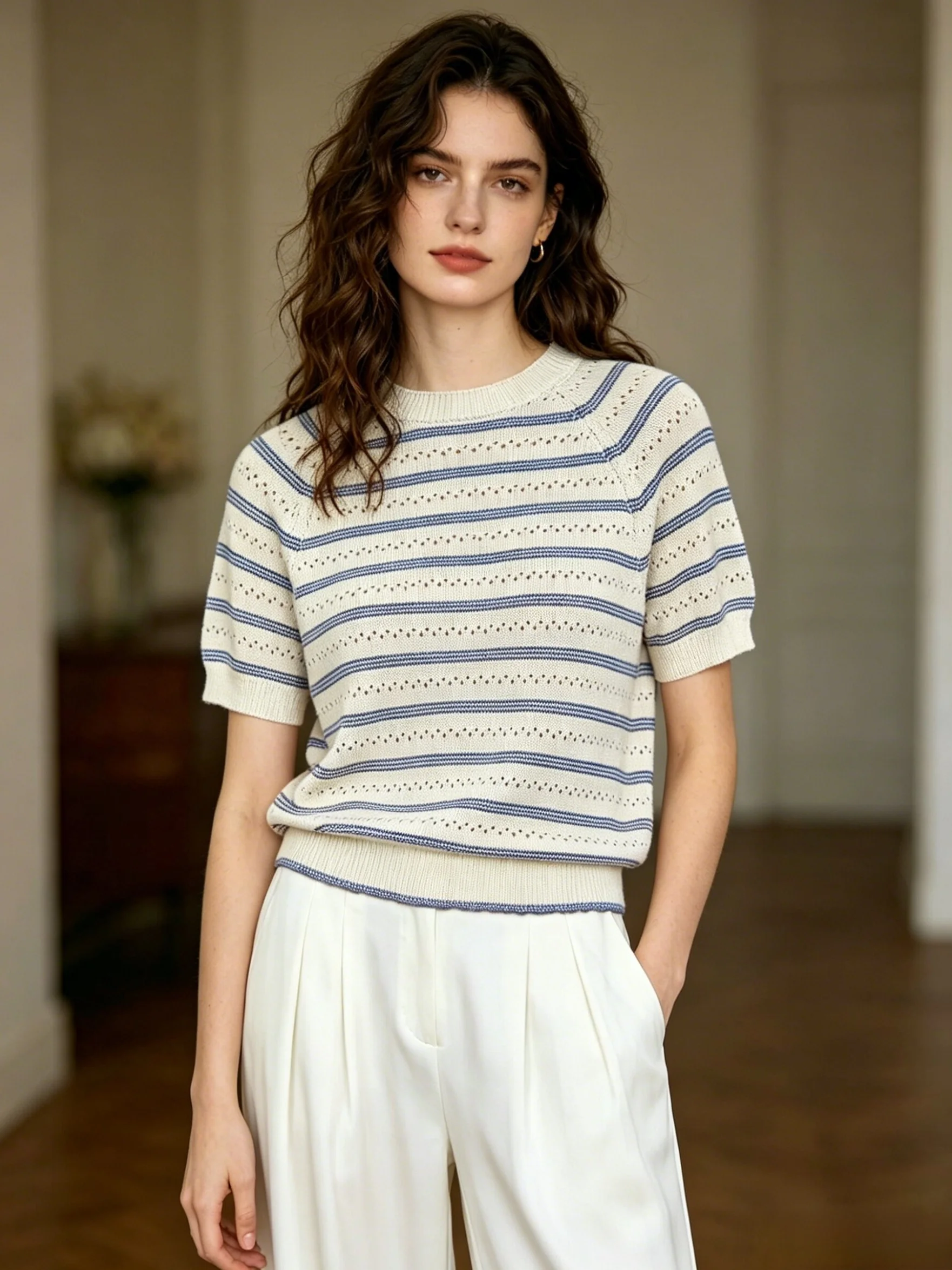Retro Striped Knit Top for Women, Hollow Out Breathable O-neck Short Sleeve Knitted T-shirt, Elegant Casual Summer Pullover
Retro Striped Knit Top for Women, Hollow Out Breathable O-neck Short Sleeve Knitted T-shirt, Elegant Casual Summer Pullover
