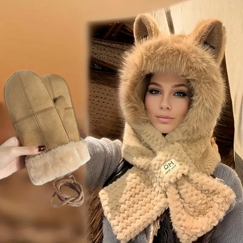 Fox Ear Women's Cute Plush Autumn and Winter Versatile Fashion Scarf One-Piece Hat, Suede Leather Fur Women Famale Warmer Gloves
Fox Ear Women's Cute Plush Autumn and Winter Versatile Fashion Scarf One-Piece Hat, Suede Leather Fur Women Famale Warmer Gloves